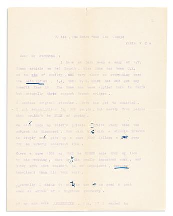 POUND, EZRA. Typed Letter Signed, to Cleveland English teacher Clarence Stratton (Dear Mr. Stratton),